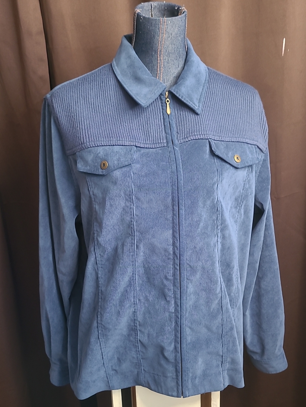 Alfred Dunner Women's Blue Corduroy-Yoke Zip-Up Jacket